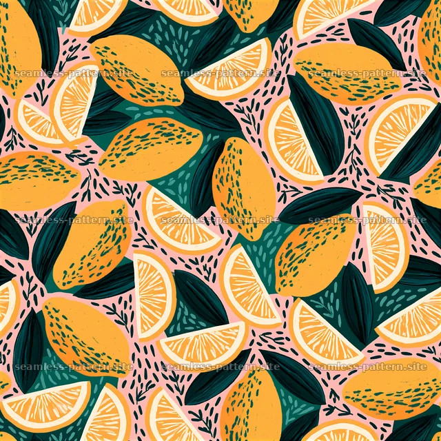 Bright lemons and green leaves create a cheerful design — seamless tileable pattern