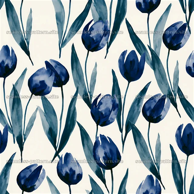 Blue tulips with green leaves arranged in a seamless pattern — seamless tileable pattern