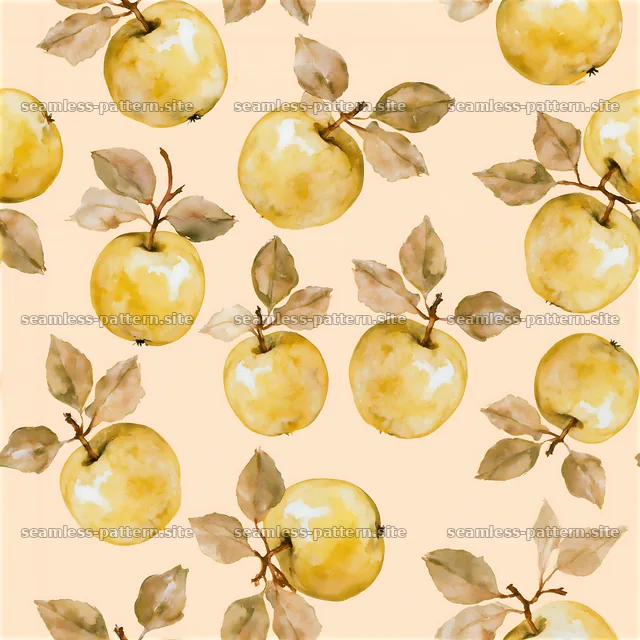Seamless watercolor apple pattern with yellow apples and green leaves — seamless tileable pattern