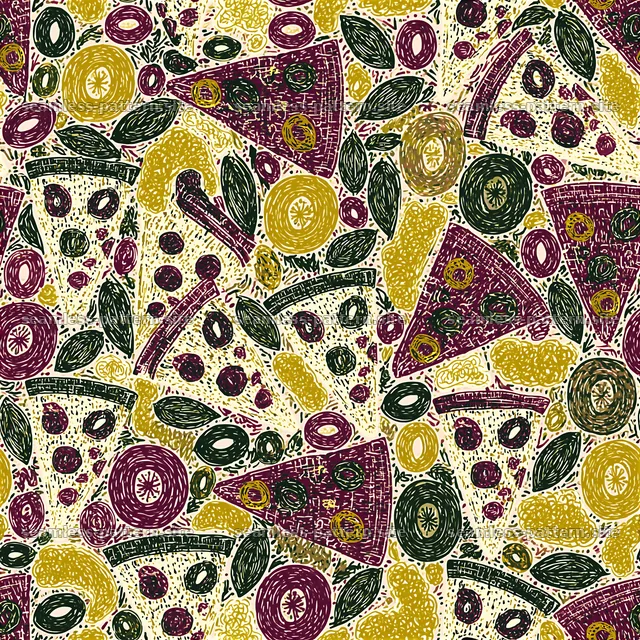 Funky Food Seamless Pattern with Fruit and Pizza — seamless tileable pattern