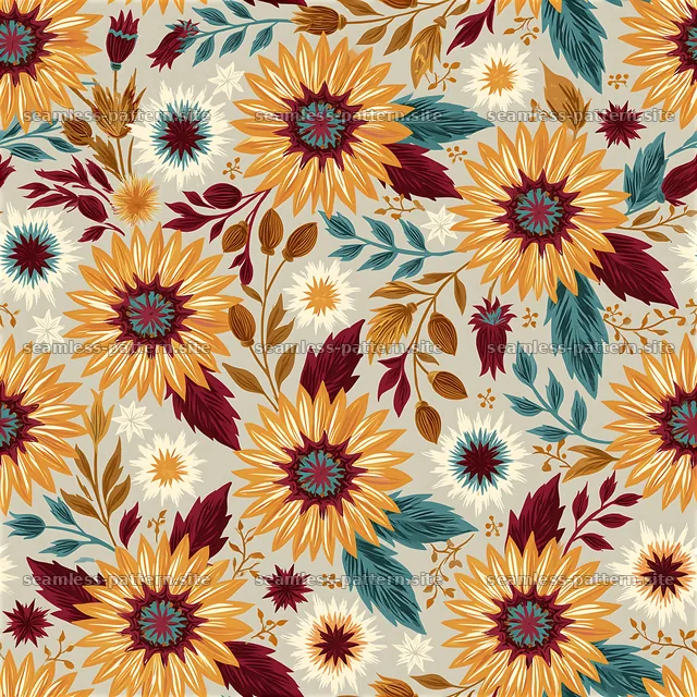 Bright floral seamless pattern with sunflowers and leaves — seamless tileable pattern