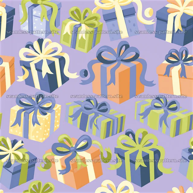 Colorful gift boxes with bows on a light purple background — seamless tileable pattern