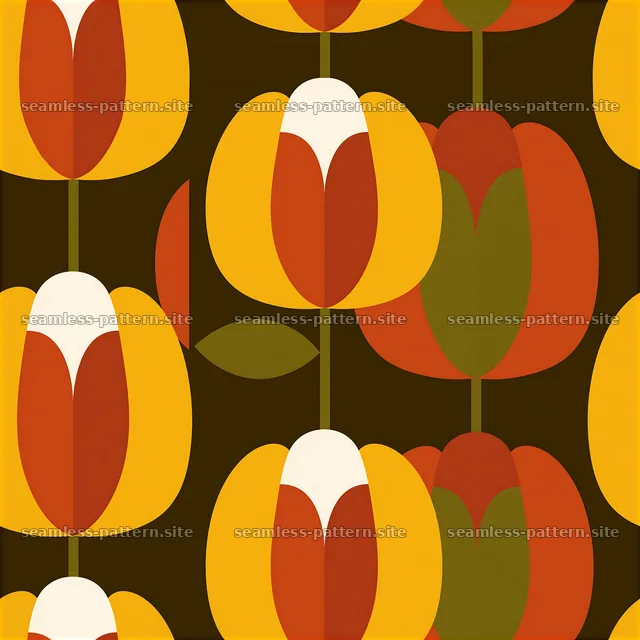 Tulip tileable pattern with yellow and red flowers on brown background — seamless tileable pattern