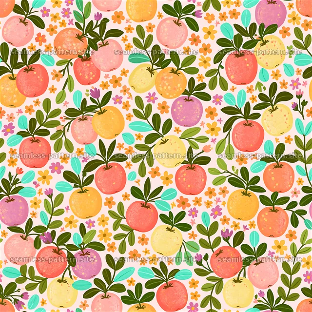 Colorful apple seamless pattern with flowers and leaves — seamless tileable pattern