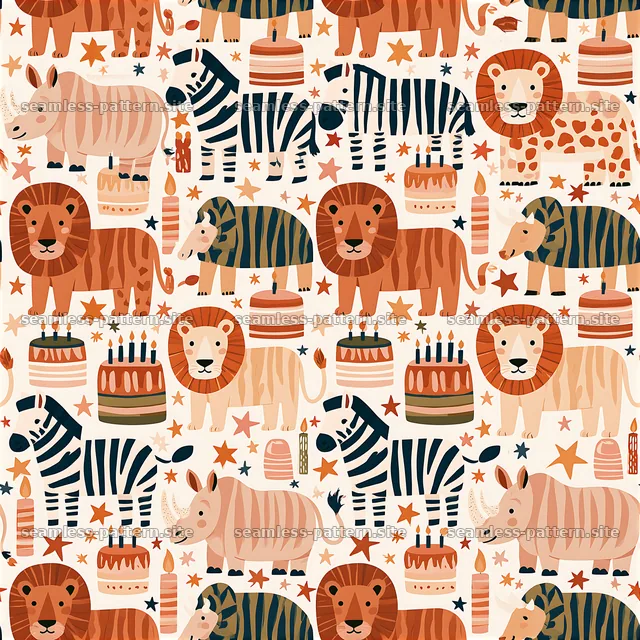 Safari animals with birthday cakes seamless pattern — seamless tileable pattern