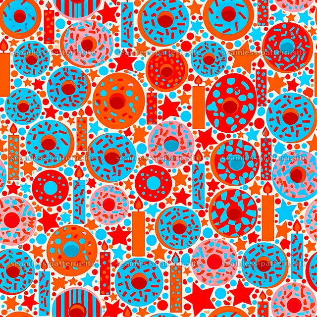 Bright seamless pattern of colorful donuts and festive elements — seamless tileable pattern