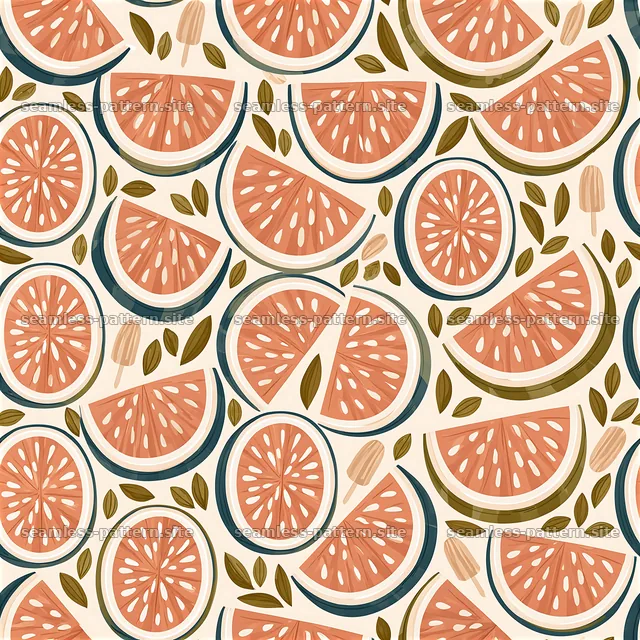 Colorful fruit slice seamless pattern with leaves and accents — seamless tileable pattern