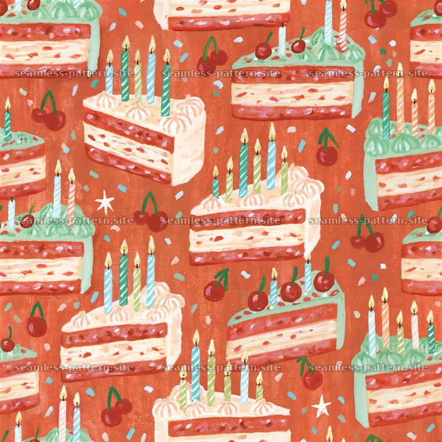 Colorful cake slices with candles and cherries on texture — seamless tileable pattern