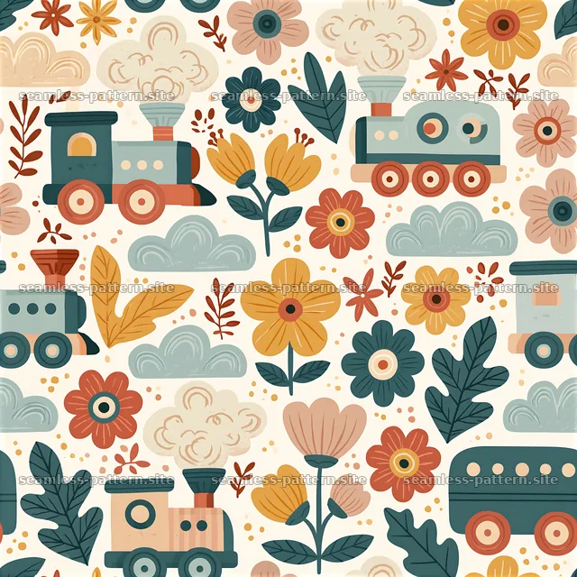 Floral Train Seamless Pattern for Kids — seamless tileable pattern