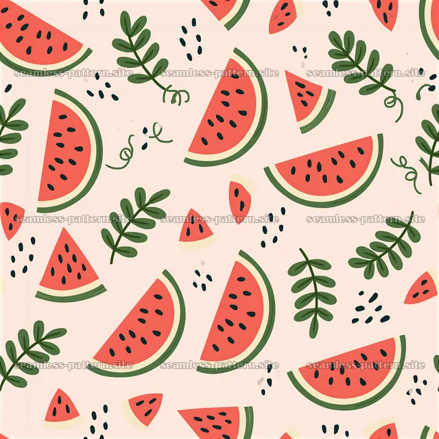 Cute watermelon seamless pattern with slices and green leaves — seamless tileable pattern