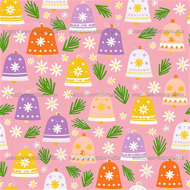 Colorful Christmas Bell Seamless Pattern with Flowers and Pine — seamless tileable pattern