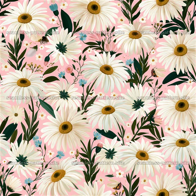 Colorful flower pattern with daisies and greenery on pink background — seamless tileable pattern