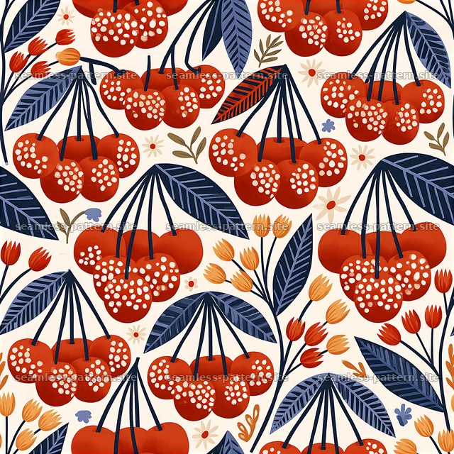 Colorful cherry and botanical seamless pattern — seamless tileable pattern