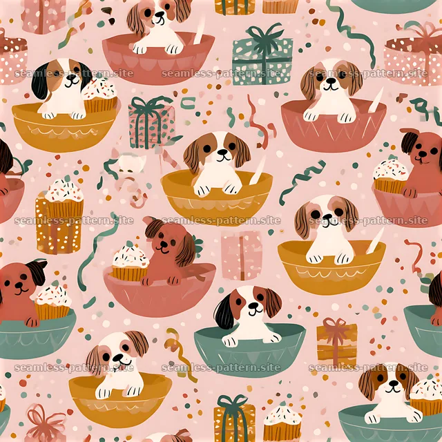 Birthday puppies seamless pattern with playful dogs and festive elements — seamless tileable pattern