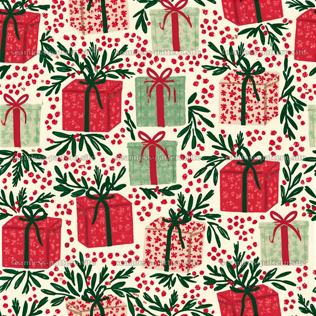 Colorful present boxes with ribbons and foliage in a seamless design — seamless tileable pattern