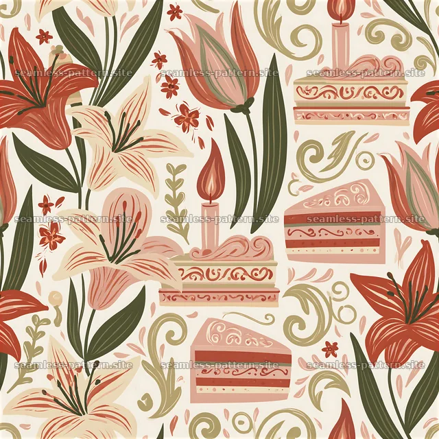 Floral pattern with birthday cake and candles in soft colors — seamless tileable pattern