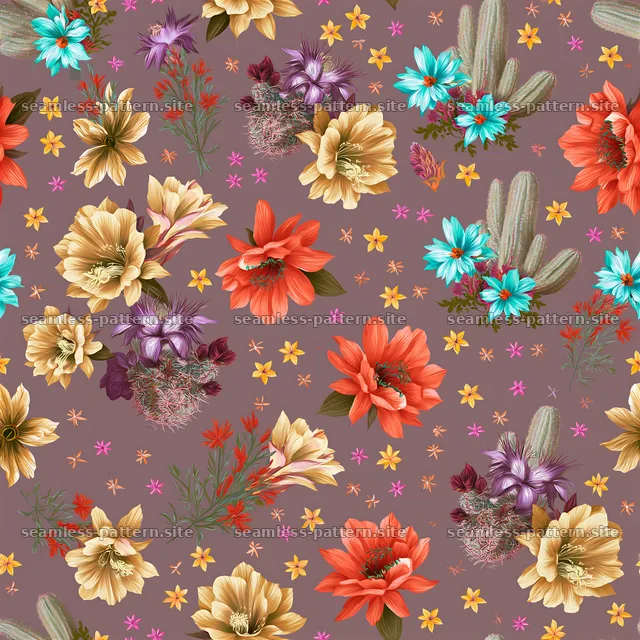 Vivid desert blooms seamless pattern with cacti and colorful flowers — seamless tileable pattern