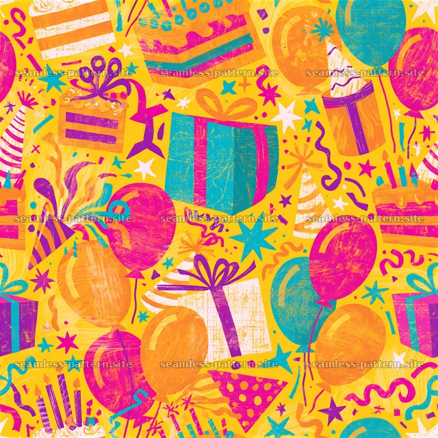 Birthday scrapbook repeat pattern with gifts and balloons in bright — seamless tileable pattern
