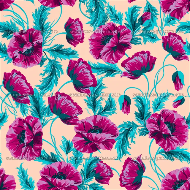 Poppy flowers and green leaves pattern on a light background — seamless tileable pattern