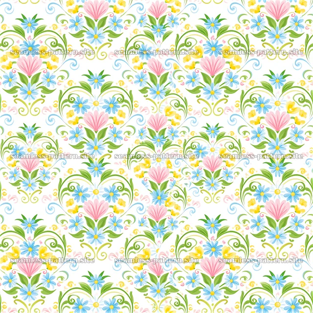 Floral heart medallions repeat pattern with colorful flowers and swirls — seamless tileable pattern