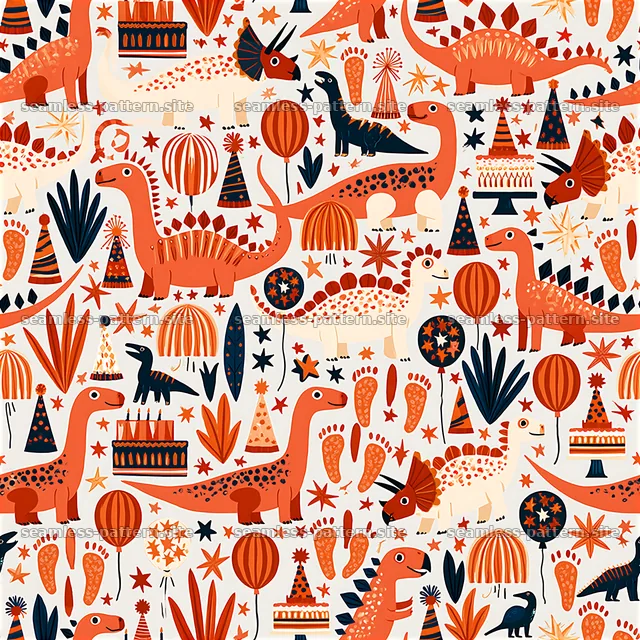 Birthday Dinosaurs Seamless Pattern with Cakes and Balloons — seamless tileable pattern