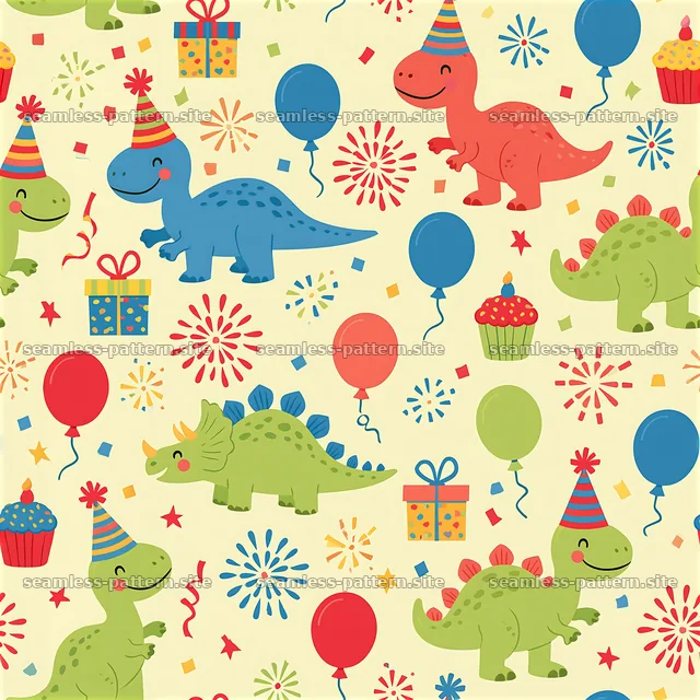 Colorful dinosaurs with balloons and party items in a fun design — seamless tileable pattern