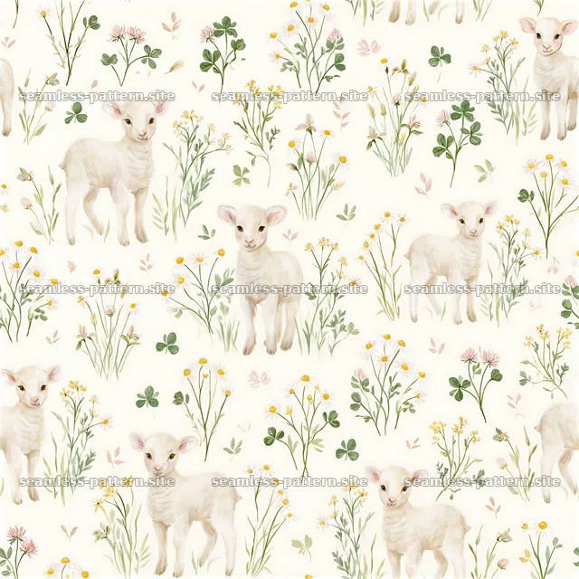 Seamless pattern featuring lambs and gentle botanical elements in — seamless tileable pattern