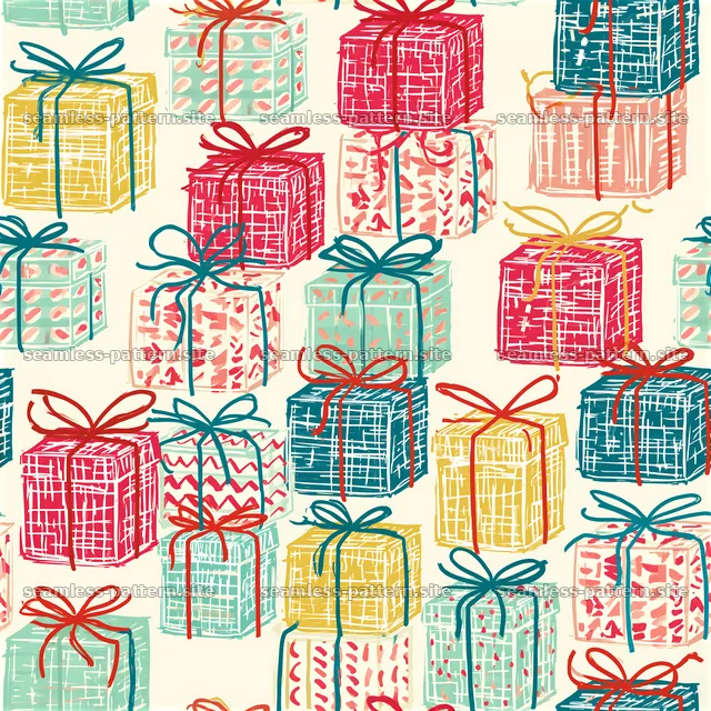 Tileable texture of patterned gift boxes and twine — seamless tileable pattern