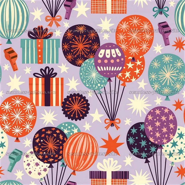 Birthday Retro Seamless Pattern with Balloons and Gifts — seamless tileable pattern