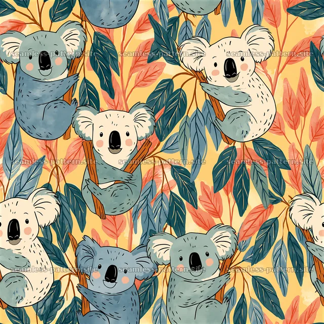 Koalas on branches with leaves in a playful, colorful design — seamless tileable pattern