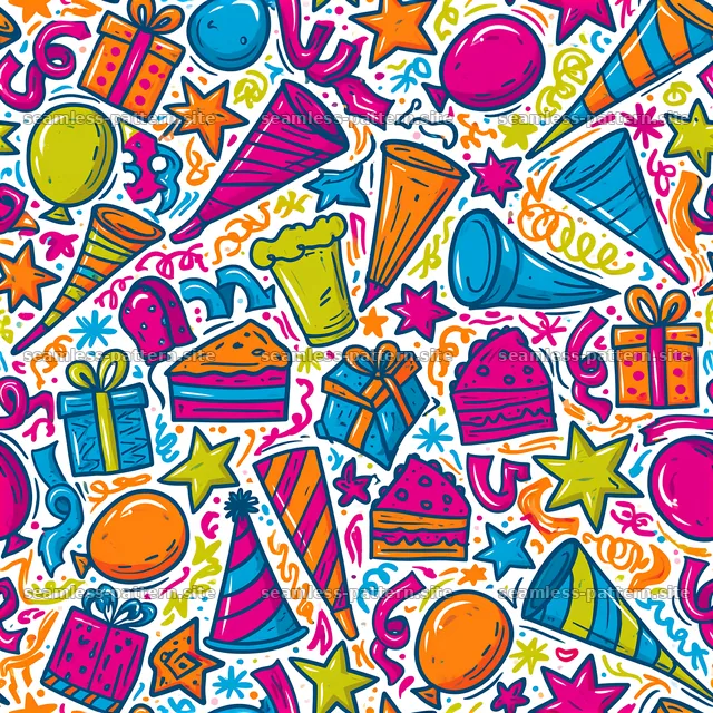 Birthday doodle seamless pattern with colorful party elements — seamless tileable pattern