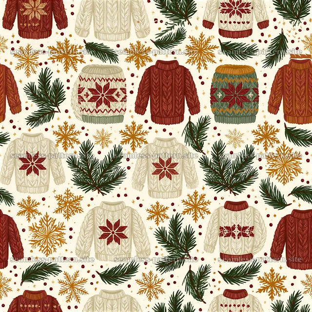 Rustic knit sweaters and festive motifs in seamless design — seamless tileable pattern