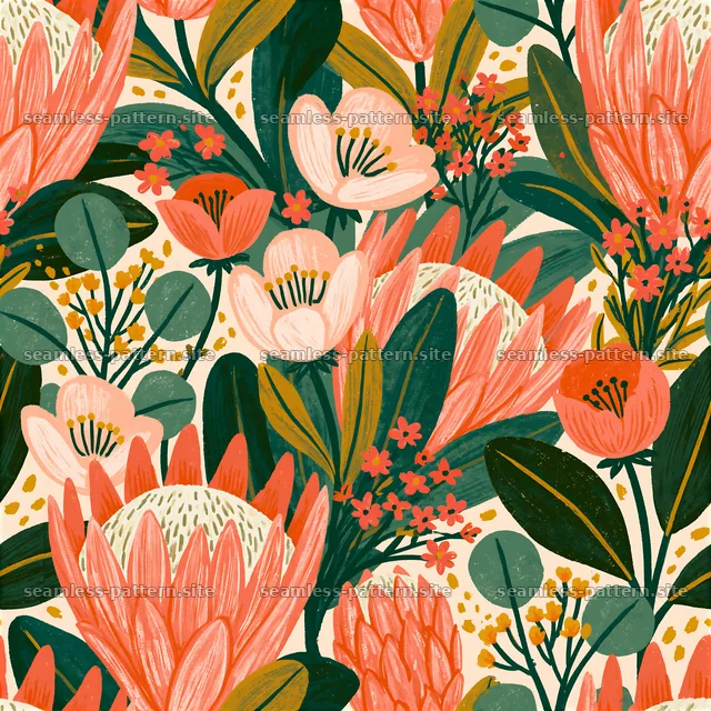 Bold floral seamless pattern with bright flowers and green leaves — seamless tileable pattern