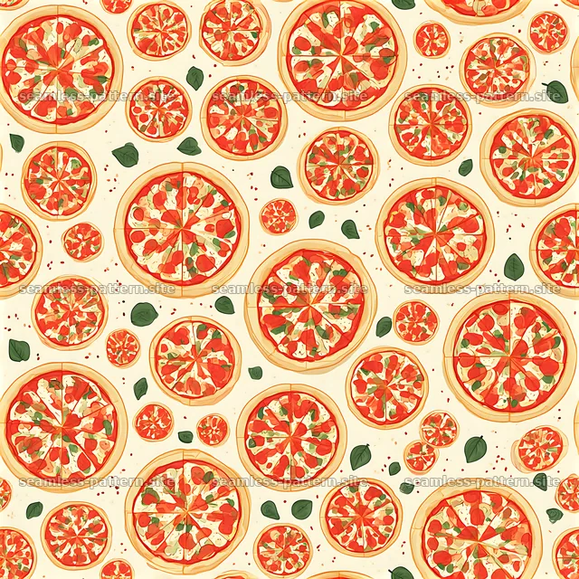 Seamless pizza tray pattern featuring various pizza designs with toppings — seamless tileable pattern