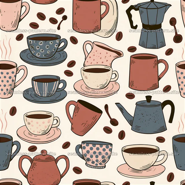 Seamless coffee kitchen pattern with mugs, pots, and coffee beans — seamless tileable pattern