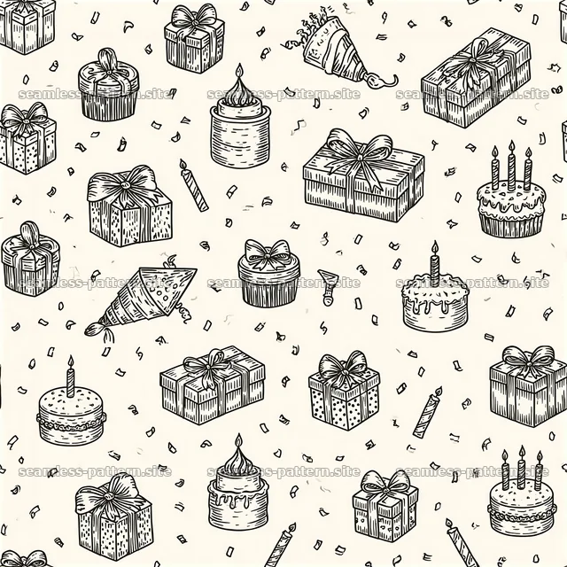 Birthday themed seamless pattern with cakes and gifts — seamless tileable pattern
