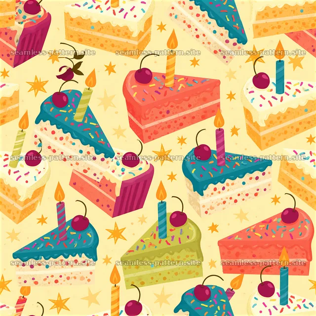Colorful cake slices with candles in a fun layout — seamless tileable pattern