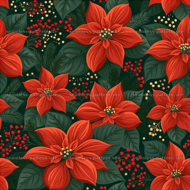 Seamless Christmas card pattern with red flowers and green leaves — seamless tileable pattern