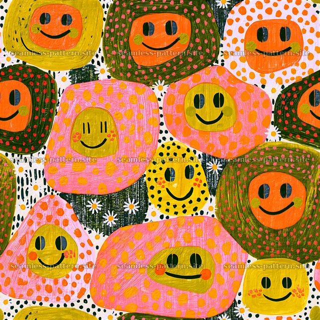 Funky Smiley Seamless Pattern with Colorful Hand Painted Faces — seamless tileable pattern