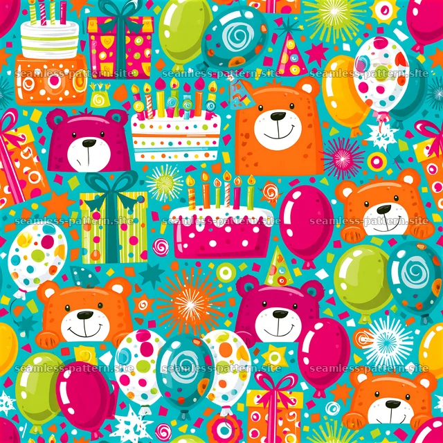 Birthday teddy bears seamless pattern with gifts and balloons — seamless tileable pattern