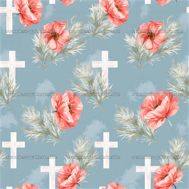 Seamless Christian cross pattern with soft watercolor florals — seamless tileable pattern