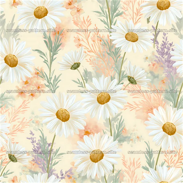 Bright daisy seamless pattern in soft pastel colors with greenery — seamless tileable pattern
