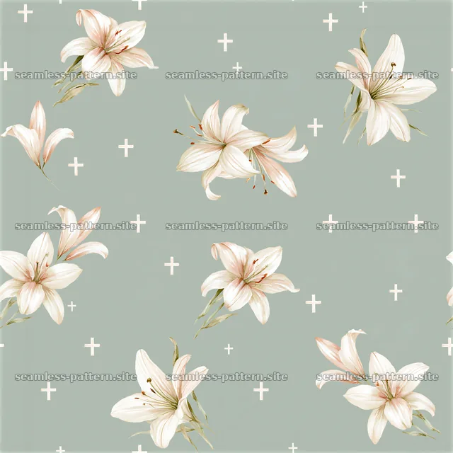 Repeating pattern of watercolor lilies and small crosses — seamless tileable pattern
