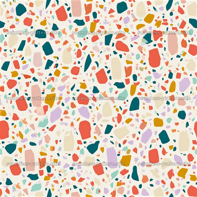 Colorful terrazzo pattern with various shapes on light background — seamless tileable pattern