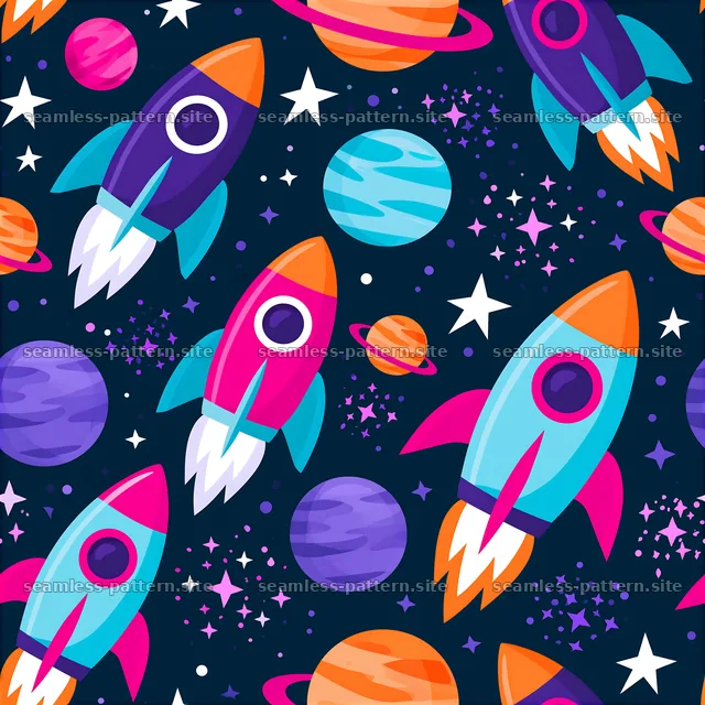 Colorful Rocket Ships and Planets Space Seamless Pattern — seamless tileable pattern