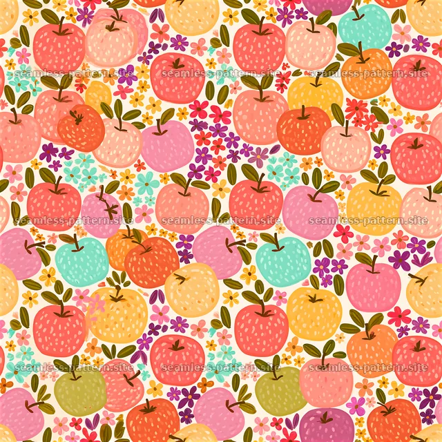 Colorful Apple and Flower Seamless Pattern — seamless tileable pattern