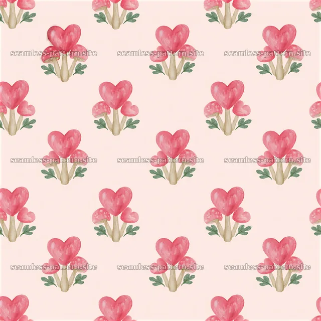 Heart mushrooms repeating pattern on pink background — seamless tileable pattern