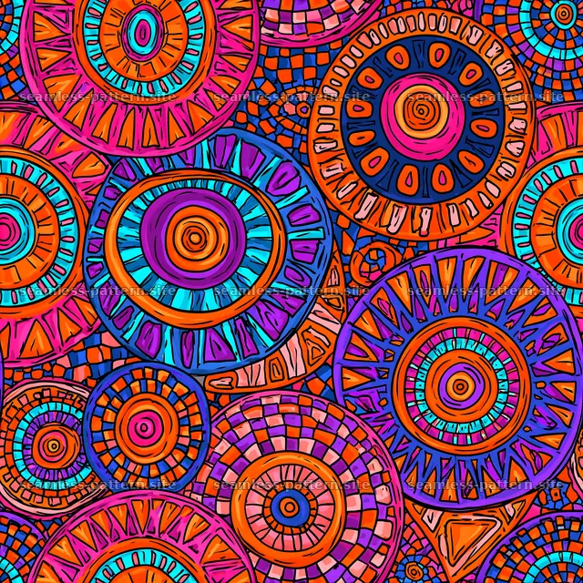 Funky geometric tileable pattern with circular motifs in bright colors — seamless tileable pattern