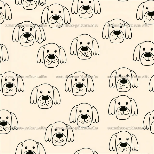 Repeating pattern with cartoon canine faces in simple black line art — seamless tileable pattern