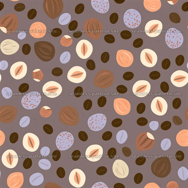 Seamless coffee beans and hazelnuts pattern with varied shapes — seamless tileable pattern